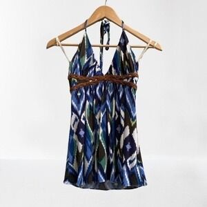 NEW Sky Halter Top Women's Patterned Deep V‎ Leather Braid XS